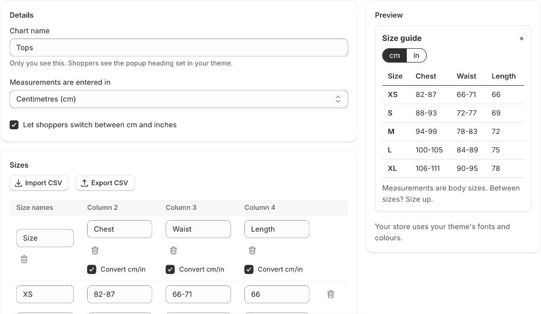 The Sizewise chart editor with editable measurements and a live size guide preview