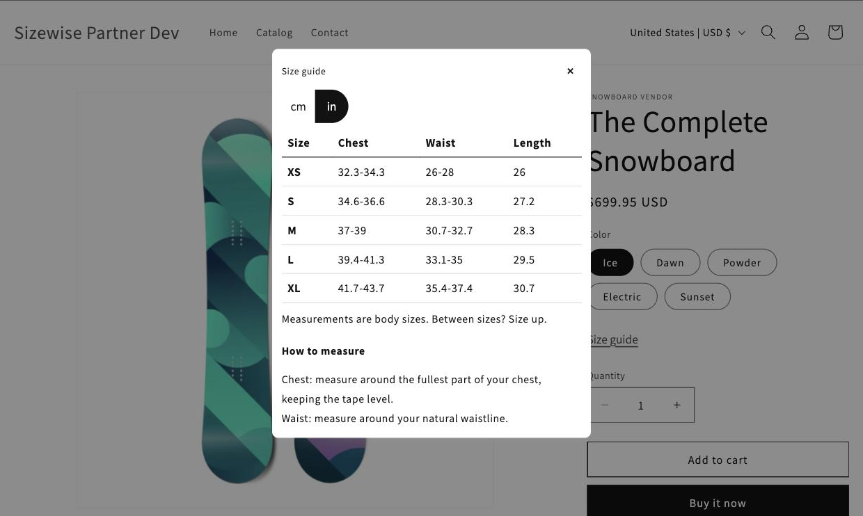 The Sizewise size guide popup showing chest, waist and length measurements in inches